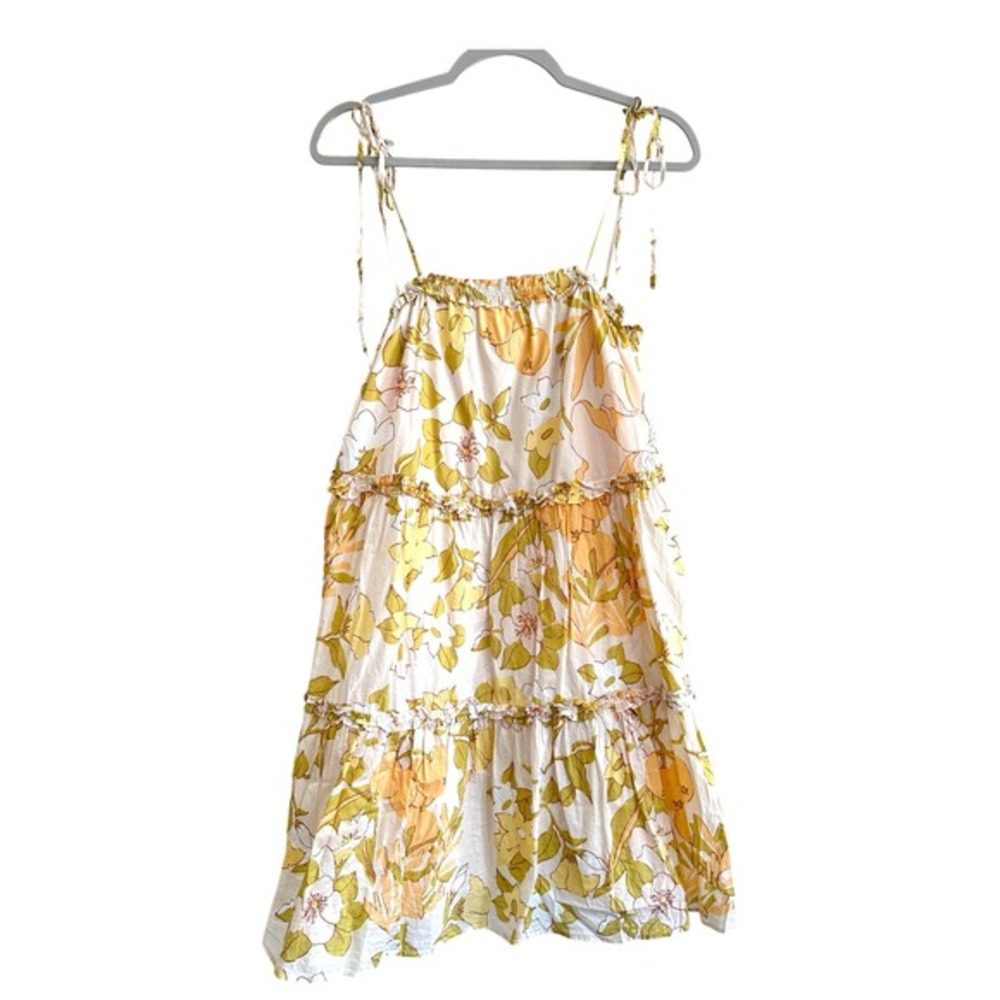 Rails Yellow Floral Citrus Tiered Cotton Midi Dress Size Medium Tie Strap‎ Flowy